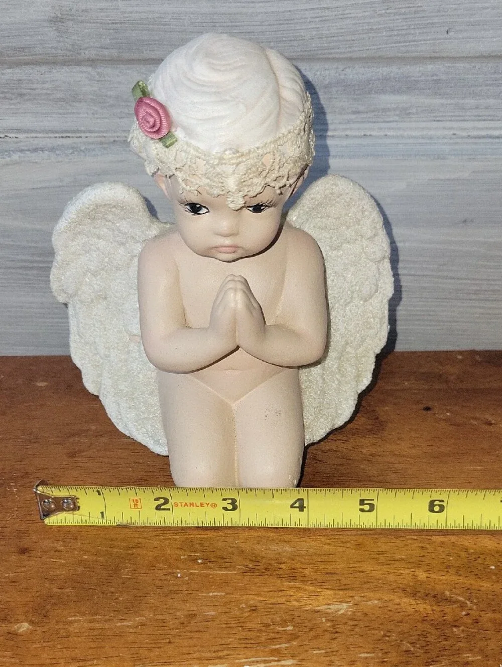 Cream Praying Angel Figurine with Pink Rose Crochet Headband Vintage